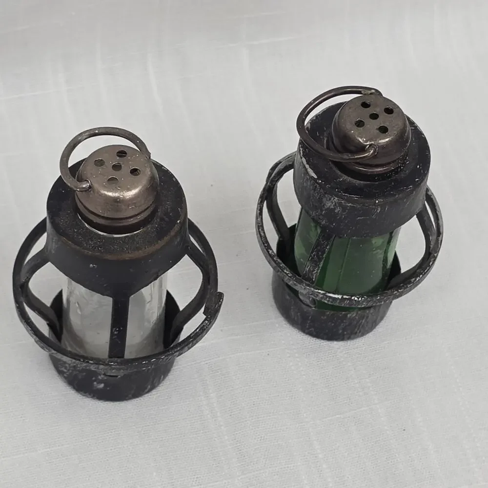 Vintage Miniature Lanterns Glass Metal Set of 2 Clear Green Rustic Decor